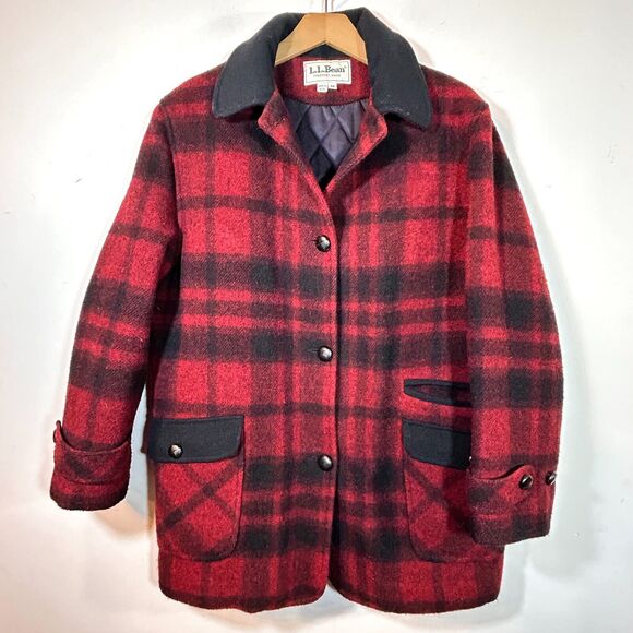L.L. Bean Jackets & Blazers - Vintage LL Bean Wool Coat Womens M Red Black Plaid Made In USA